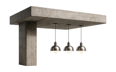 Cantilevered platform featuring concrete beams and suspended lighting.