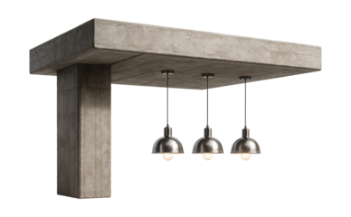 Cantilevered platform featuring concrete beams and suspended lighting.