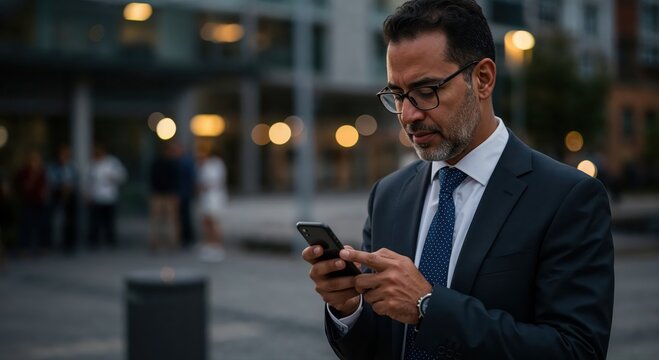 Connected Conversations: A distinguished professional, meticulously dressed in a business suit, engages with a smartphone. The scene unfolds amidst the urban ambiance.