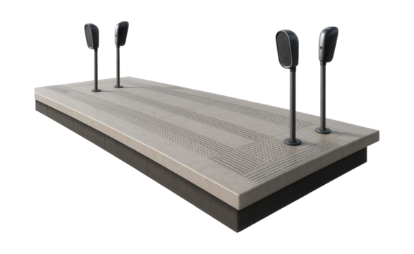 Island platform featuring tactile guidance paths and public announcement speakers.
