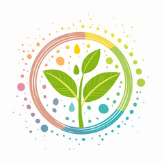 Naklejka premium Vibrant plant sprout with colorful circular frame and scattered dots on a white background, symbolizing growth and nature.