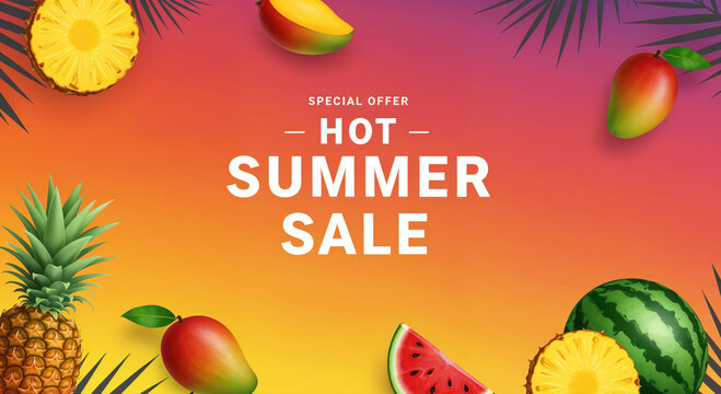 Summer Sale: Tropical fruits form a vibrant, eye-catching arrangement, announcing a special summer sale, creating a sense of freshness and the joy of the season.