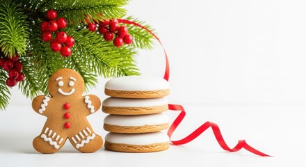 Gingerbread man and cookies with christmas tree branch isolated on white background
