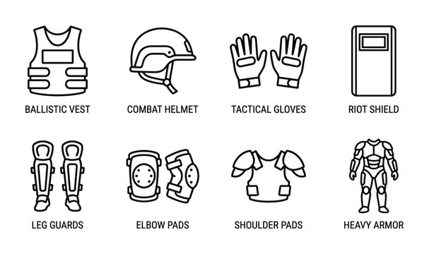 Ballistic vest combat helmet tactical gloves riot shield leg guards elbow pads shoulder pads heavy armor.