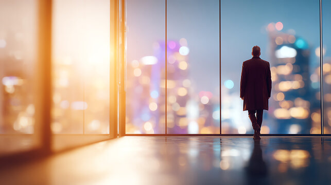 A businessman gazing out at a city skyline from a modern office, conveying ambition and a drive for success.