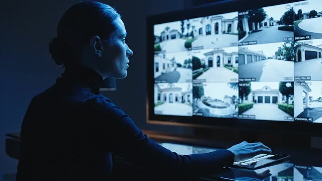 Woman monitoring multi-camera home security system on a screen, focused on residential surveillance.