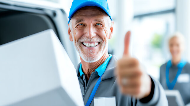 A cheerful delivery man gives a thumbs up while handling packages, showcasing positive service and professionalism in logistics. - Powered by Adobe
