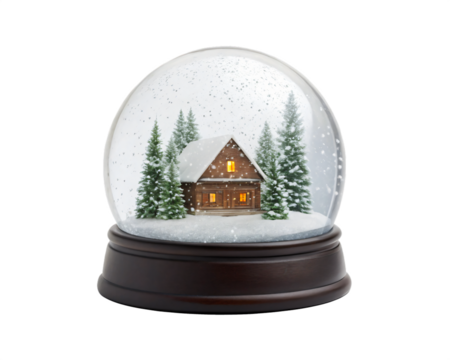 Snow Globe Winter Scene: A miniature snow globe houses a cozy cabin surrounded by snow-dusted trees, evoking a sense of winter's embrace.