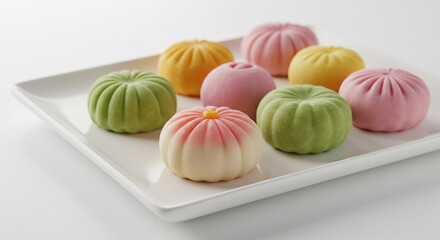 Colorful traditional wagashi gleam brightly under soft studio light arranged neatly on a white plate. AI Generated