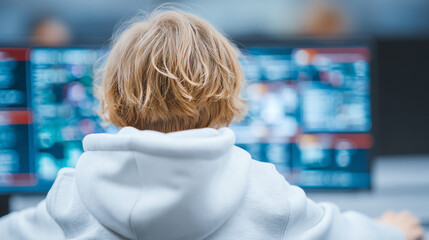 A child focused on multiple screens, showcasing curiosity and engagement with digital technology and information.