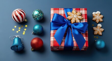 Christmas gift box with blue ribbon and festive ornaments on a blue background