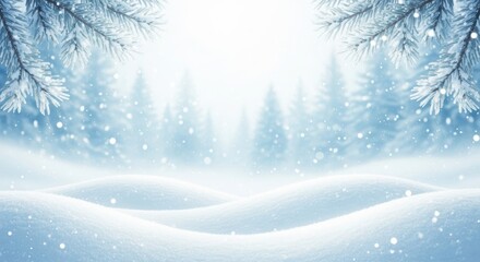 Winter wonderland with falling snow and frosted pine trees