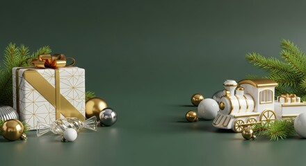 Christmas gift box and festive toy train with ornaments on green background
