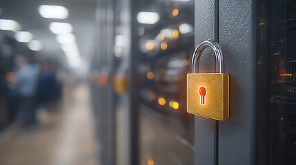 A close-up of a padlock securing a server rack in a data center, symbolizing cybersecurity and data protection.