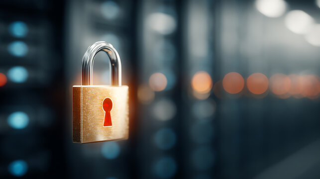 A close-up of a padlock hanging in a data center, symbolizing cybersecurity and data protection in a digital world. - Powered by Adobe