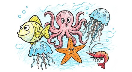 Fototapeta premium Whimsical underwater scene features a cartoon fish, octopus, starfish, jellyfish, and shrimp.