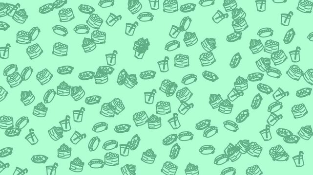 Repeating pattern of food and drink illustrations. Perfect for restaurant menus, food blogs, kitchen decor, and cookbook cover designs.