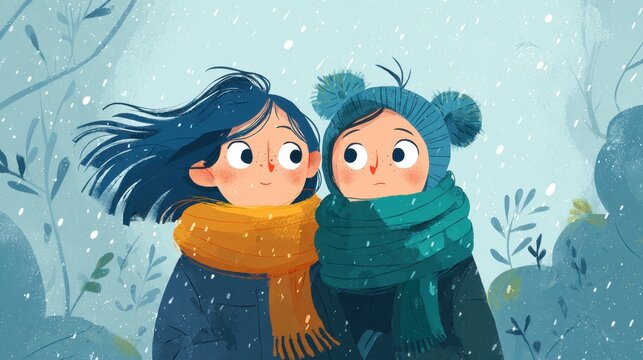 Cute Young Girls Wearing Warm Scarves Standing in Snowy Forest Winter Scene