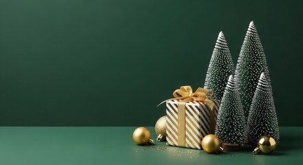 Christmas festive scene with miniature trees, gift, and golden ornaments on green