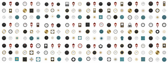 Diverse collection of analog clocks and timepieces featuring various shapes, colors, and styles like cuckoo, pendulum, and sunburst designs in a seamless pattern.