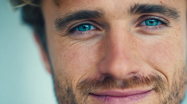 A close-up portrait of a smiley man with striking blue eyes, exuding warmth and confidence in a soft, natural light.