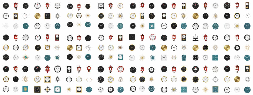 Diverse collection of analog clocks and timepieces featuring various shapes, colors, and styles like cuckoo, pendulum, and sunburst designs in a seamless pattern.