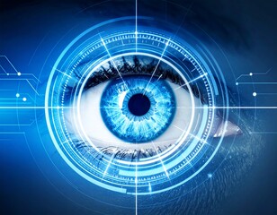 Bright digital human eye iris surrounded by blue holographic circular glow, symbolizing technology and biometric security