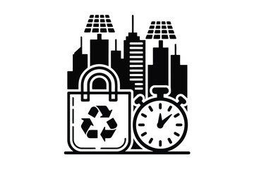Black silhouette of shopping bag with recycling symbol and stopwatch against city skyline with solar panels
