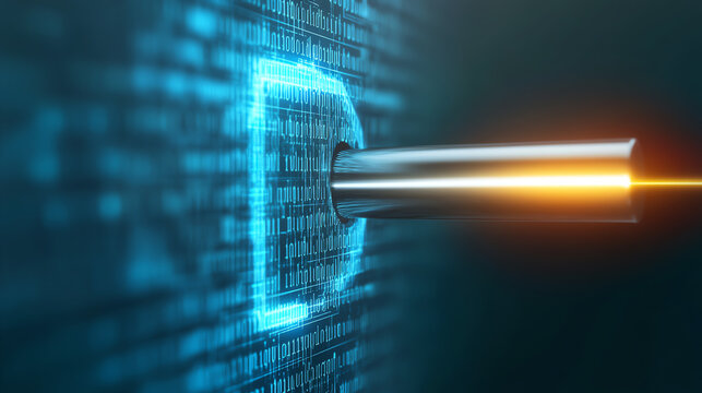 A close-up view of a digital lock being penetrated by a futuristic laser, representing cybersecurity and advanced technology concepts.
