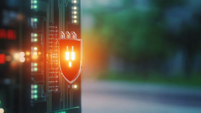 A close-up view of a digital security shield on a circuit board, symbolizing cybersecurity and technological protection.