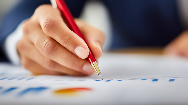A close-up view of a hand writing with a red pen on a graph analysis report, showcasing focus and professionalism in work.