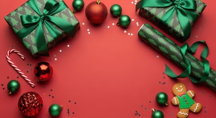 Christmas gifts, ornaments, and gingerbread man on red background