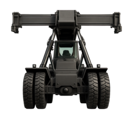 Telescopic spreader cargo container stacker with rubber tires.
