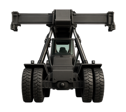 Telescopic spreader cargo container stacker with rubber tires.