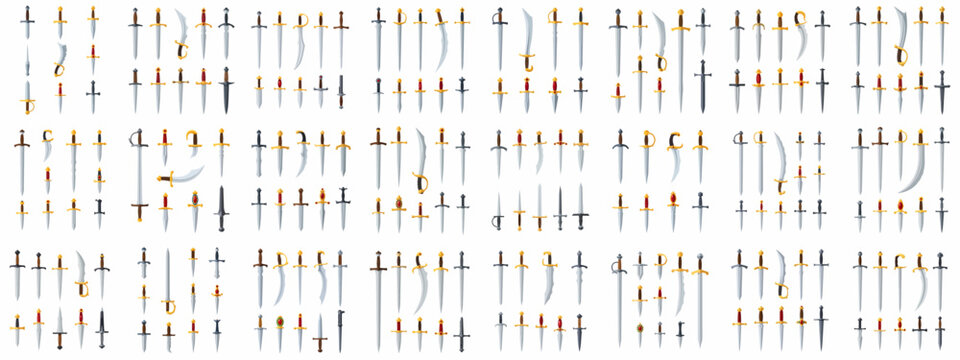 Cartoon vector seamless pattern of various fantasy and medieval swords, daggers, and sharp metal blades for gaming or decoration.