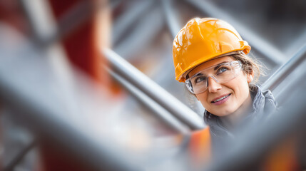 A confident female engineer in a hard hat works on a construction site, showcasing dedication and professionalism in her field.