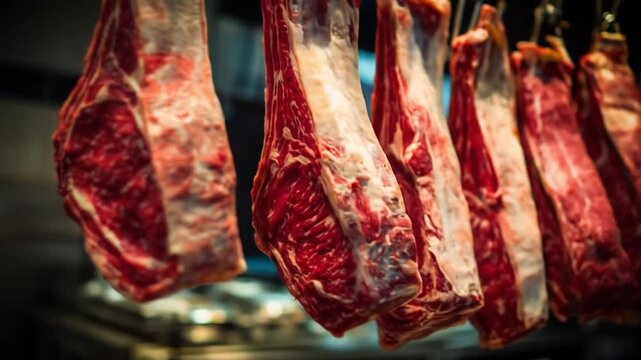 Raw beef cuts hang in a butcher shop, marbling visible, cool metal hooks, shadowy display in market