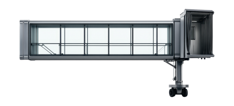 Extendable passenger boarding bridge with a walkway and transparent panels.