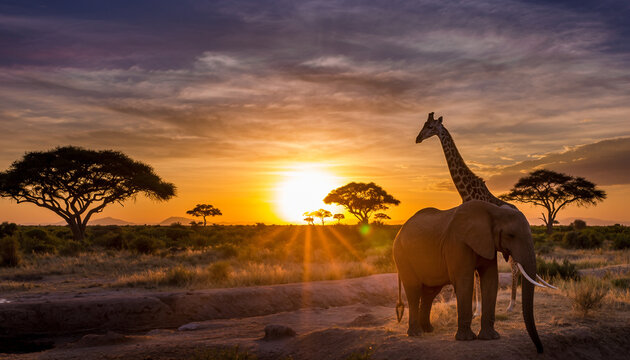 silhouette elephants and giraffe at sunset - Powered by Adobe