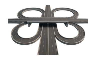 Cloverleaf interchange featuring looping ramps and a central overpass.