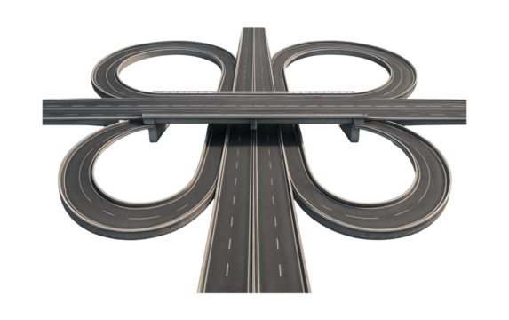 Cloverleaf interchange featuring looping ramps and a central overpass.