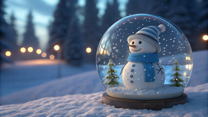 A delightful snowman in a snow globe, surrounded by a serene winter landscape with soft falling snow, glowing lights, and festive trees