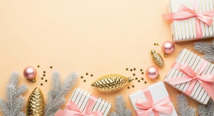 Christmas flat lay with gifts, ornaments, and fir branches on light background