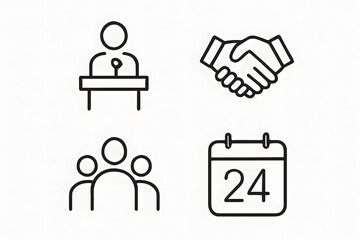 Iconic Representation of Collaboration: A collection of simple, black and white illustrations, elegantly depicting key aspects of business interaction, encompassing elements of presentations.
