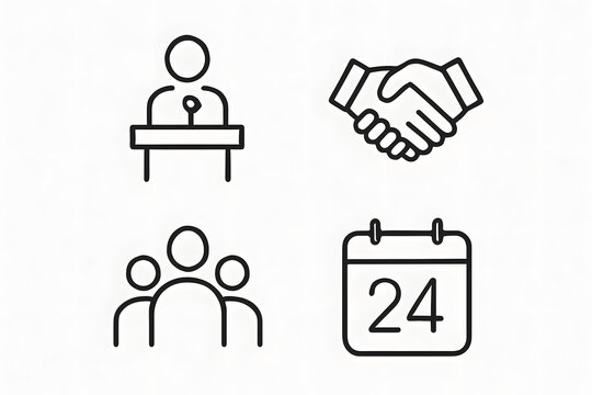 Iconic Representation of Collaboration: A collection of simple, black and white illustrations, elegantly depicting key aspects of business interaction, encompassing elements of presentations.