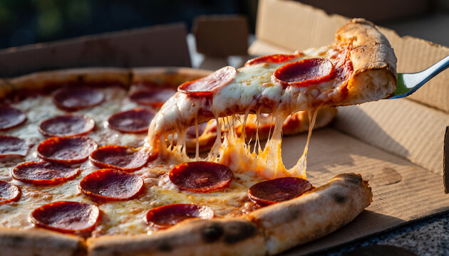 Close-up of a slice of soft cheese pepperoni pizza being pulled from a cardboard box