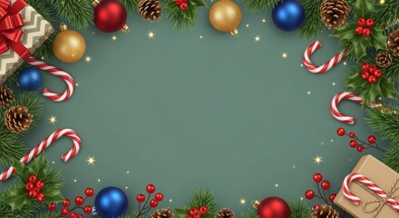 Christmas frame with festive decorations, candy canes, and ornaments on green