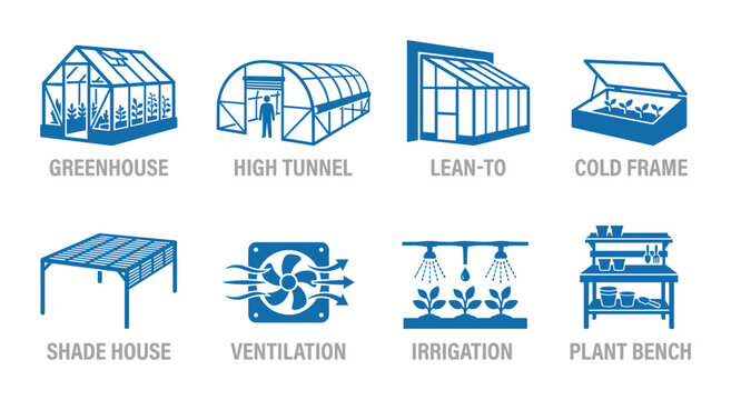 Blue outline icons of greenhouse, high tunnel, lean-to, cold frame, shade house, ventilation, irrigation.
