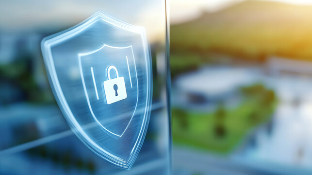 A digital security shield icon representing data protection and cybersecurity in a modern environment.