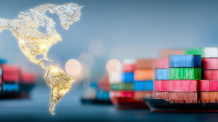 A dynamic image showcasing colorful shipping containers with a glowing world map overlay representing global trade connections.